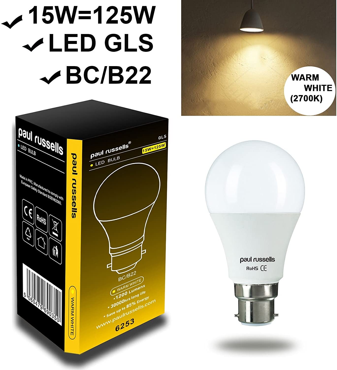 2 Pack 15W GLS LED Light Bulbs B22 BC Bayonet Paul Russells Bright 15W=125W A60 Globe 270 Beam Lamp 2700K Warm White 125W Incandescent Replacement