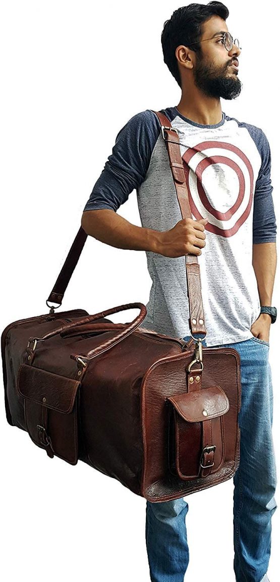 HG-LTHR 60 cm Leather Duffle Bag Travel Carry-On Waterproof Luggage Overnight Gym Weekender Bag - Image 3