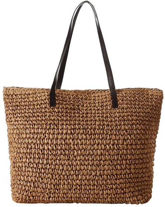 TININNA Summer Women Stylish Simple Beach Bag Straw Bags Leisure Shoulder Bag Travel Tote Bag (Light Brown)