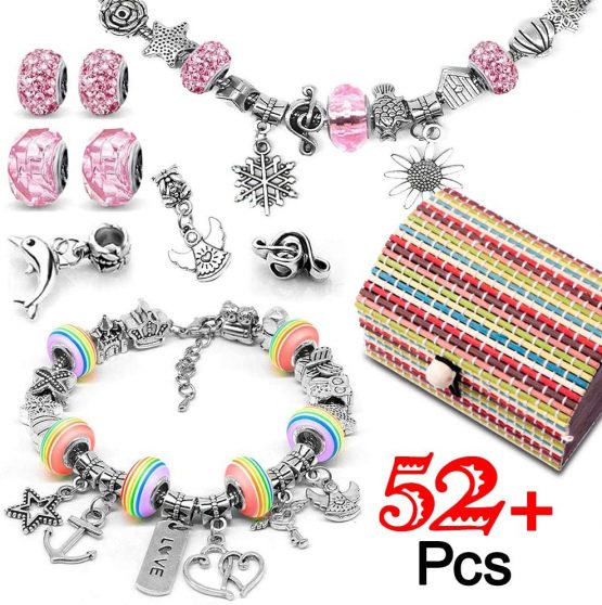 Jewellery Making Kit for Girls, Bracelet Making Kits with Charms Pendants Rainbow Silver Plated Beads Chains for Jewellery Making, Arts and Crafts Sets for Kids Friendship Age 8-12