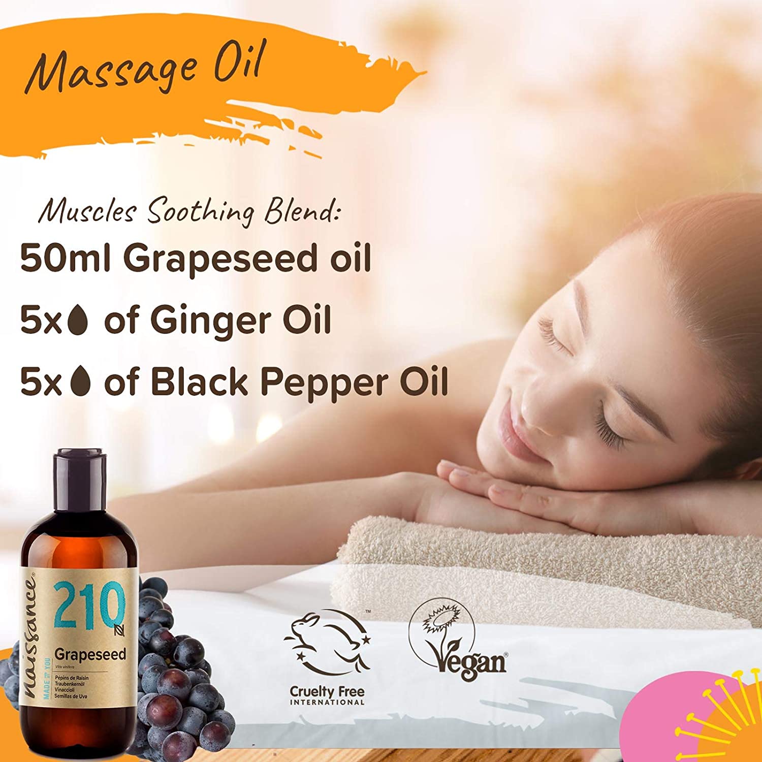 Naissance Grapeseed Oil (No. 210) - 225ml - Natural Moisturiser and Conditioner - for Hair Skin, Massage, Face, Beard and Aromatherapy - Image 2
