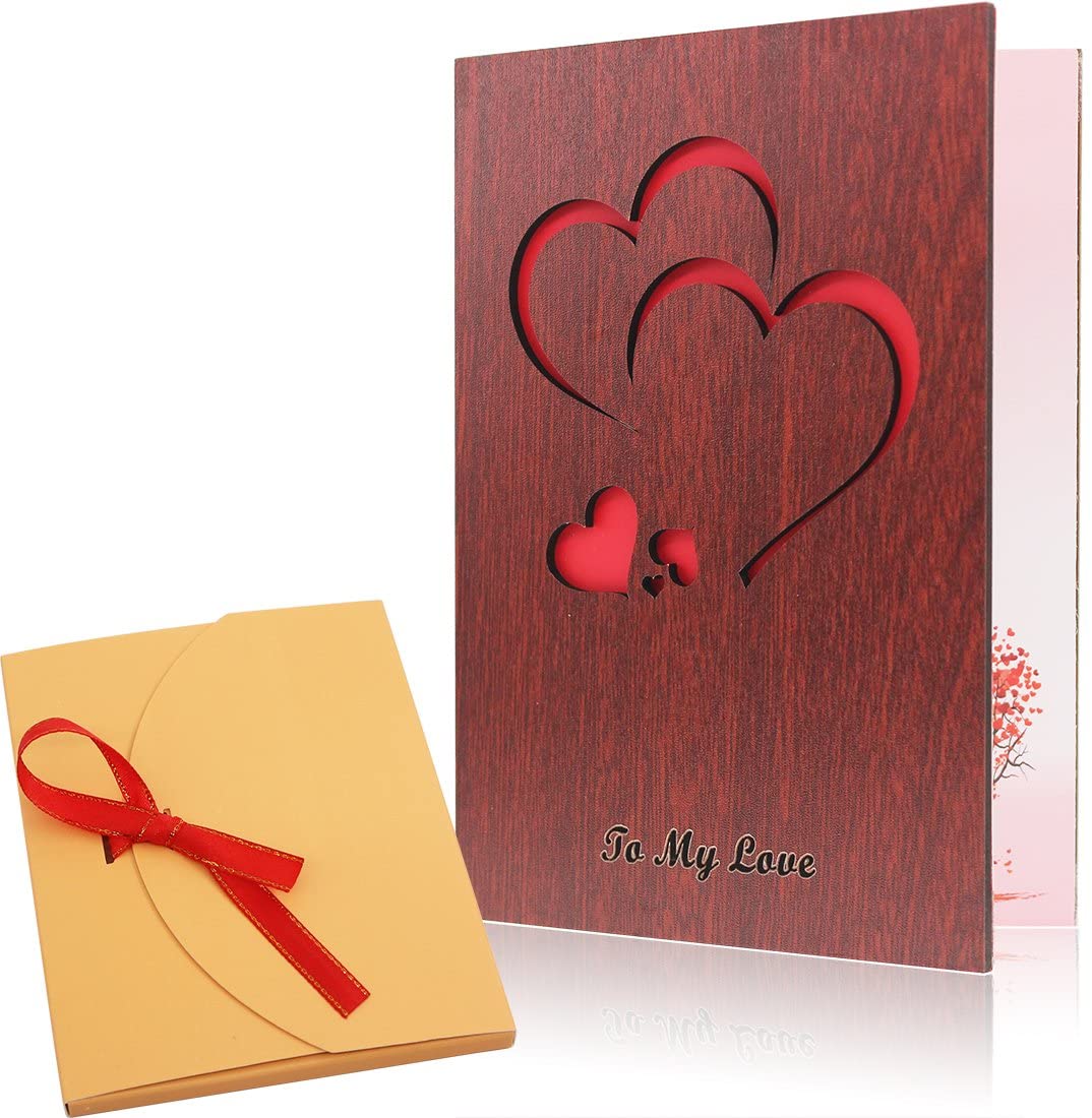 Creawoo Handmade Walnut Wood Love Greeting Card Unique Card Box Idea Greeting Card for Valentine's Day