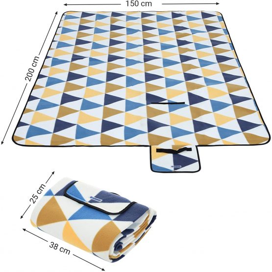 SONGMICS Picnic Blanket, 200 x 200 cm, Outdoor Beach Blanket for Camping, Park, Yard, with Waterproof Backing, Foldable, Yellow and Blue Triangle Pattern GCM76S - Image 3