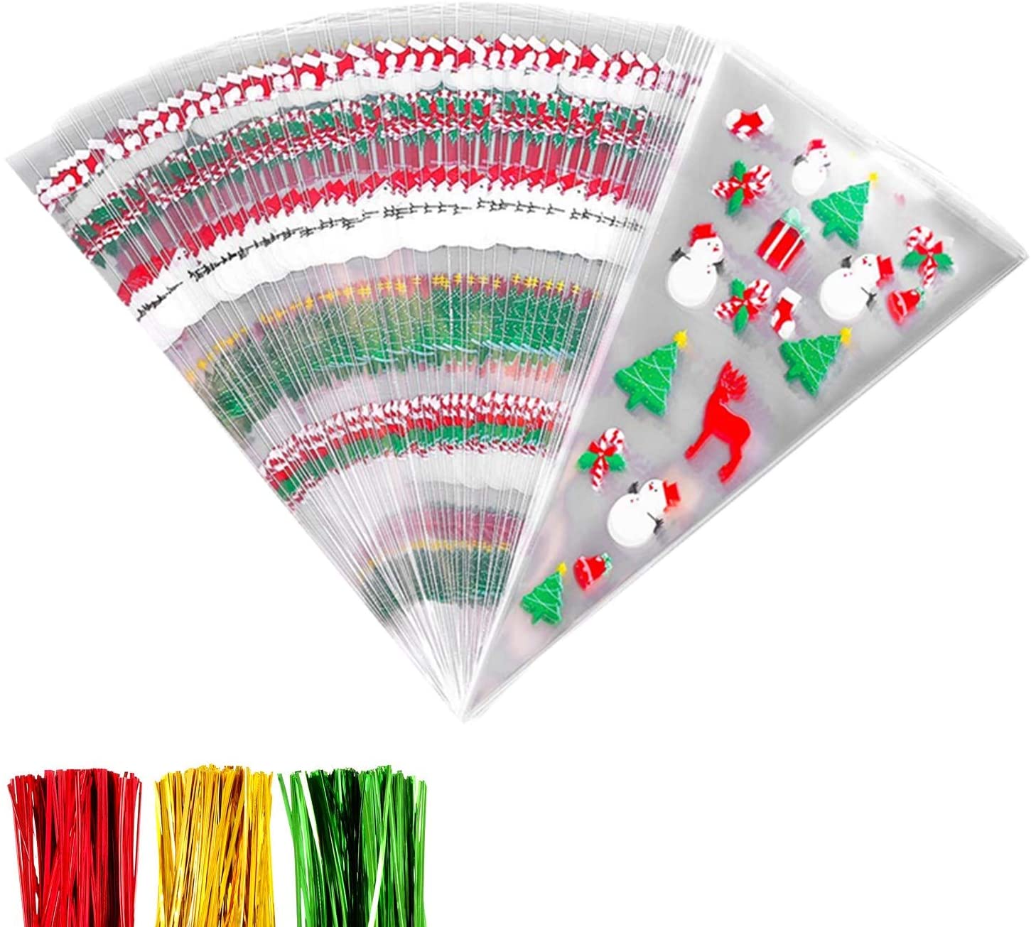 HONGCI 100Pcs Christmas Patterned Cone Cellophane Bags with 100Pcs Twist Ties,Cellophane Cone Plastic Cone Bags,Treat Candy Bags for Christmas Party Festival Favor