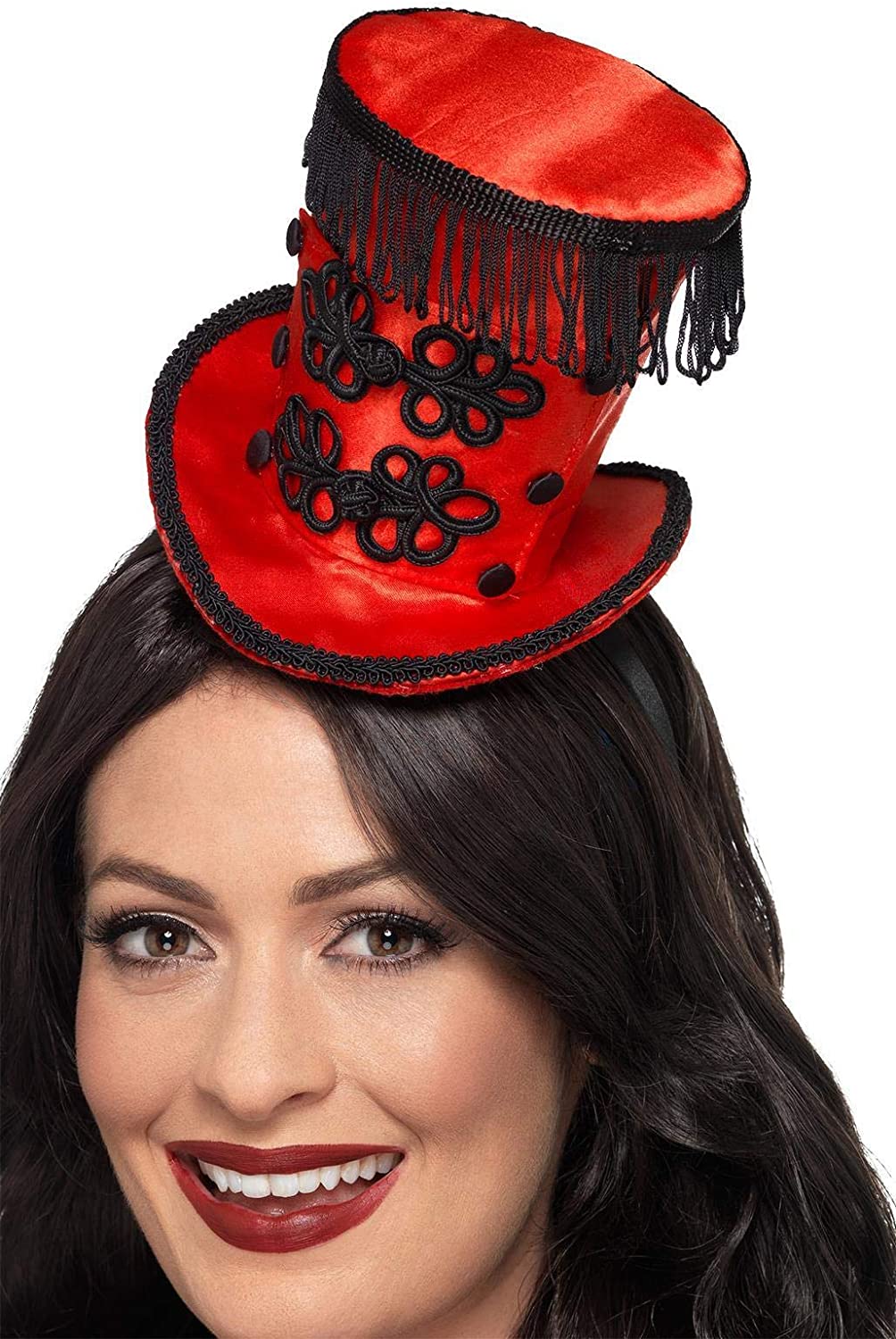 Smiffys Ring Master Mini Hat, Red on Headband, Circus Fancy Dress, Adult Dress Up Accessories