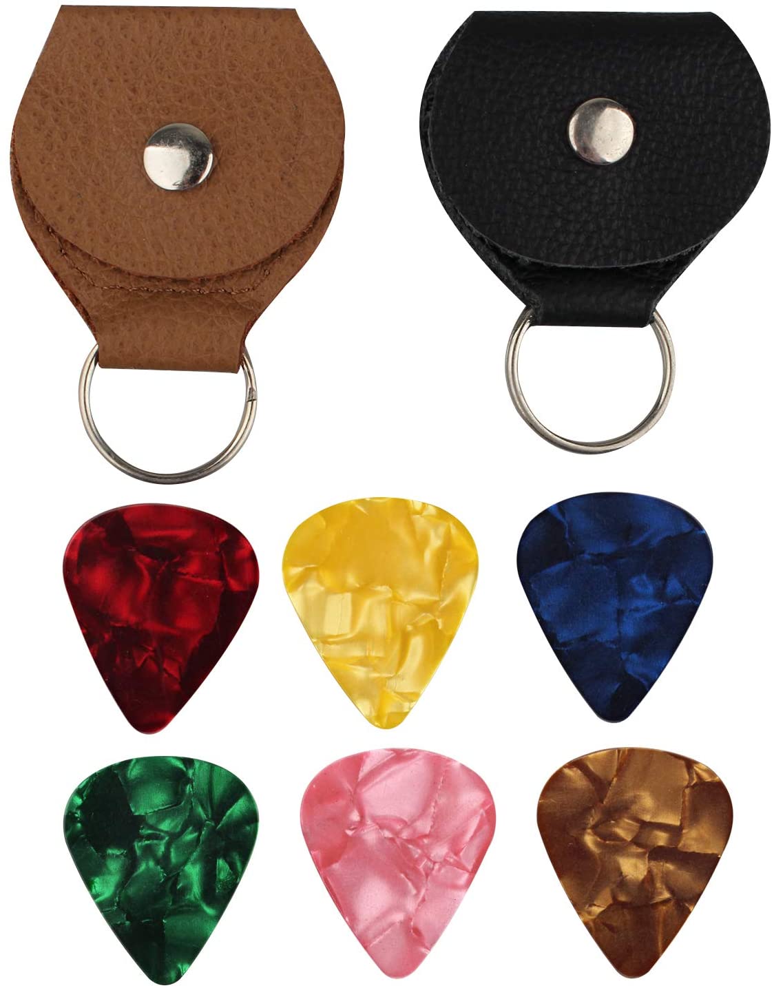 Futheda 2 Pieces Leather Plectrum Holder Case Keyring and 6 Pieces Doubled Sided Colorful Celluloid Material Guitar Picks Plectrums for Electric Acoustic - Image 2