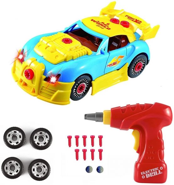 Pup Go Construction Toys – Take Apart Toys Car Racing – 30 Take Apart Pieces With Realistic Sounds & Lights – Easy Build Your Own Car Kit With Electric Drill Tool For 3 Year Old Boys