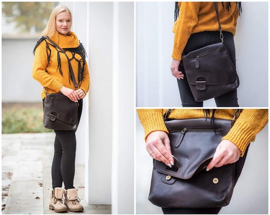 LECONI Shoulder Bag Genuine Cow Leather Used-Look Vintage Women + Men Handbag Leisure Cross-Body Handbag 29x29x6cm dark brown LE3027-wax - Image 2