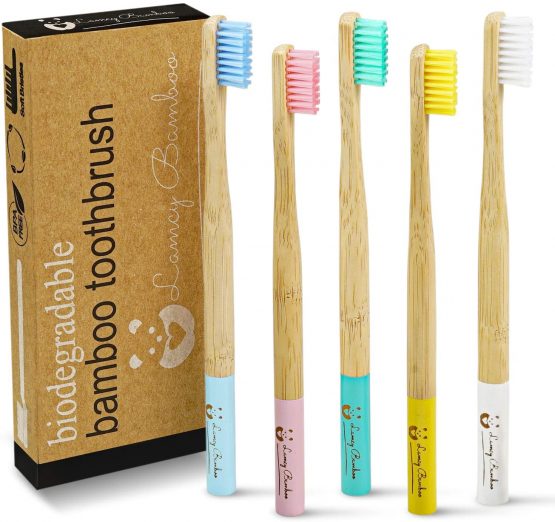 Bamboo Toothbrushes Pack of 5 | Organic | Ecofriendly Medium Soft Bristles for Natural Dental Care | Plastic Free Wooden Handle | Vegan | Multicolored