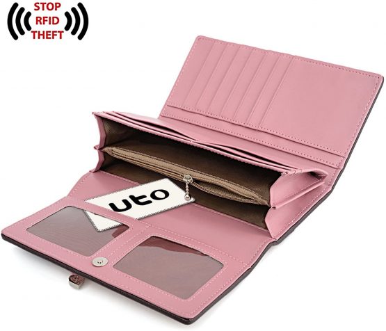 UTO RFID Purse for Women Butterfly Knot Ladies Card Wallet 11 Slots 2 ID Windows Pink - Image 3
