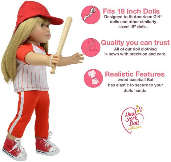 The New York Doll Collection Doll Baseball Set - Fits 18 Inch/46cm Dolls - Includes 2 pc Baseball Uniform Doll Baseball Bat, Doll Baseball and Doll Baseball Cap - Doll Clothes and Sports Accessories - Image 3