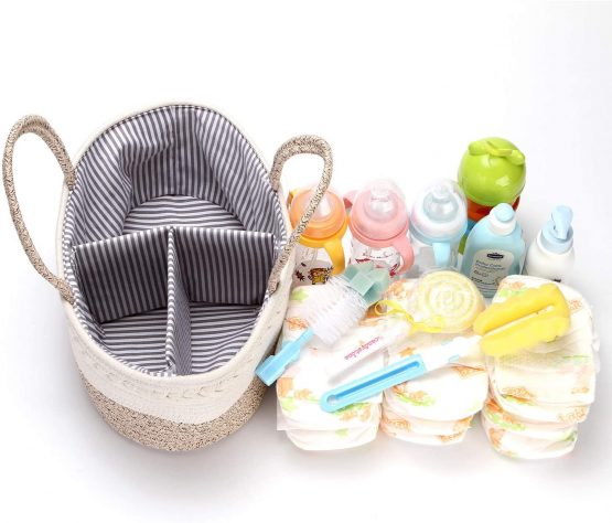 Hinwo Baby Diaper Caddy 3-Compartment Infant Nursery Tote Storage Bin Portable Car Organizer Newborn Shower Gift Basket Cotton Rope with Detachable Divider for Diapers & Wipes - Image 4