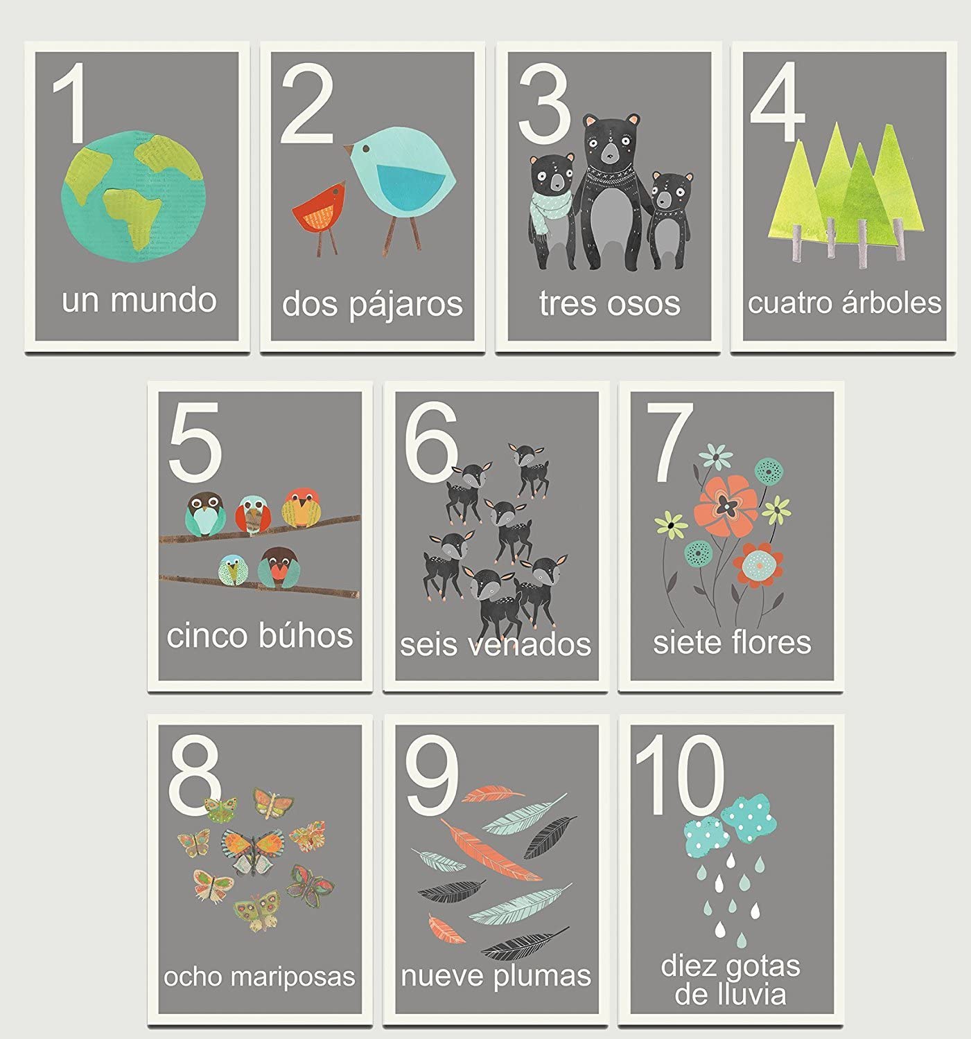 Our World Counting Cards in Spanish, Number Flash Cards, Set of Ten 5x7 Wall Art Prints, Nursery Wall Decor, Kid's Art Decor