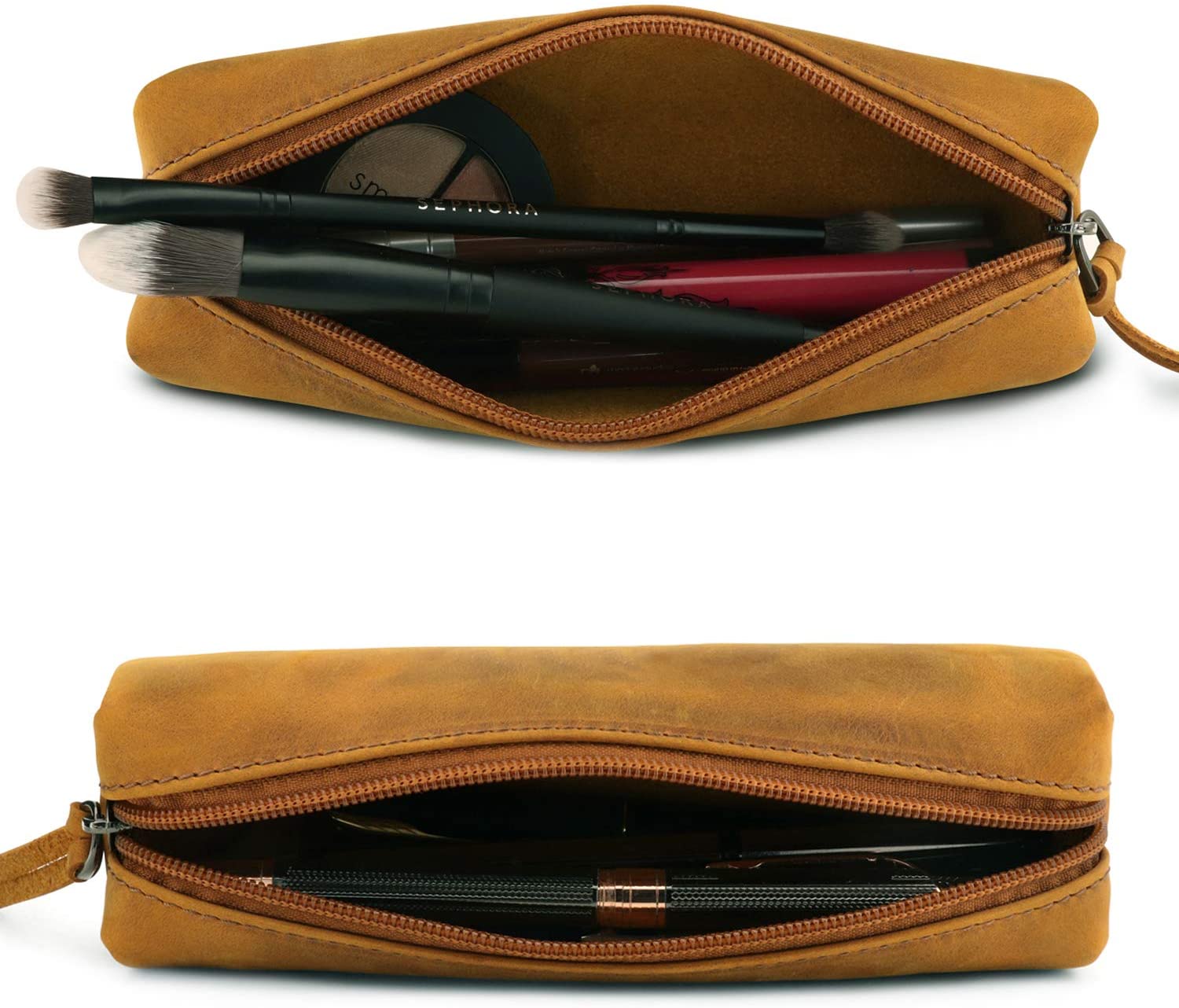 LONDO Genuine Leather Zipper Pen, Pencil & Cosmetic Case - Pouch Stationery Bag, Camel - Image 3