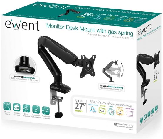 Ewent Gas Spring Table Mount for 1 Monitor up to 32 Inches with VESA Mount Black - Image 2
