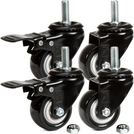H&S 4 Castor Wheels Heavy Duty 200KG 50mm PU Rubber Swivel Trolley Furniture Caster with Brakes Black - Screw