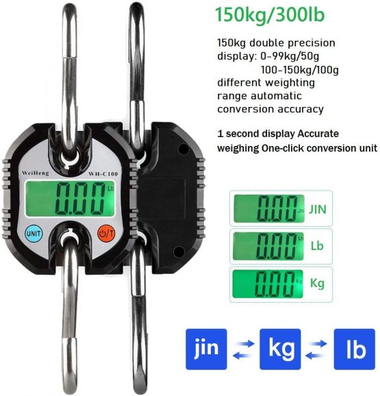 Rhorawill Crane Scale 150kg Double Accuracy Electronic Digital Hook Scale Mini LCD Loop Hanging Scale Luggage Fishing Scale Heavy Duty Weight Balance with Tare Function Black - Image 3