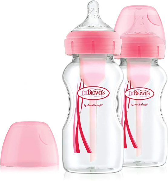 Dr. Brown's Natural Flow Options+ Anti-Colic Wide Neck Baby Bottles, 270ml Pink Twin Pack