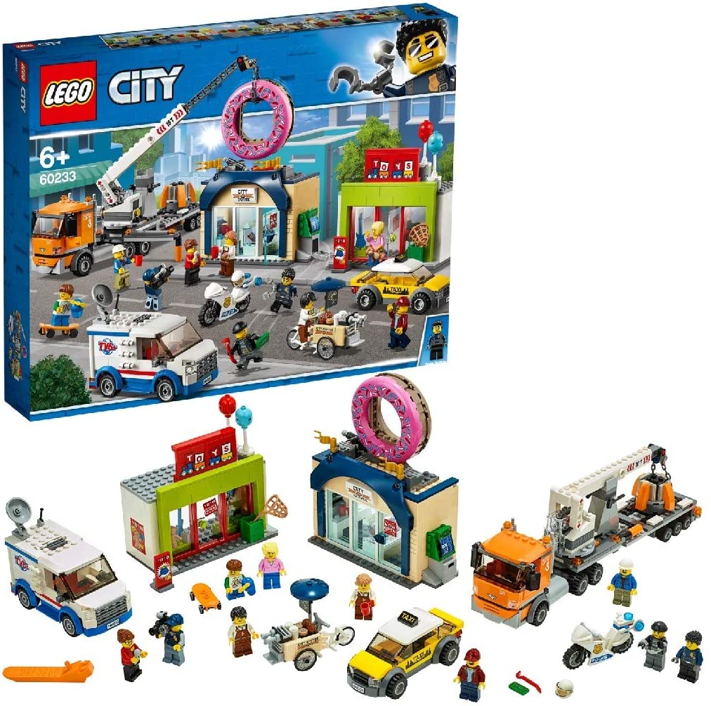 LEGO 60233 City Town Donut Shop Opening Toy Cars Set including Police Motorbike, Truck with Crane Trailer and 10 Minifigures
