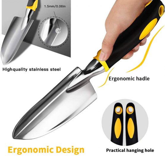 AGAKY Garden Tool Set 5 Piece Aluminum Gardening Tools Kit with Gloves, Pruning Shear, Rake, Shovel & Trowel Heavy Duty Indoor and Outdoor Hand Planting Kit Gardening Gifts for Women & Men, Yellow - Image 3