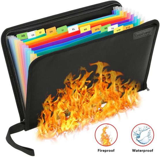 Fireproof File Organiser, Expanding File Folder Fireproof and Waterproof Document Bag with Fire Resistant Zipper, Portable Files Organisers A4 for Bills and Valuables Storage Protection(13 Pockets)