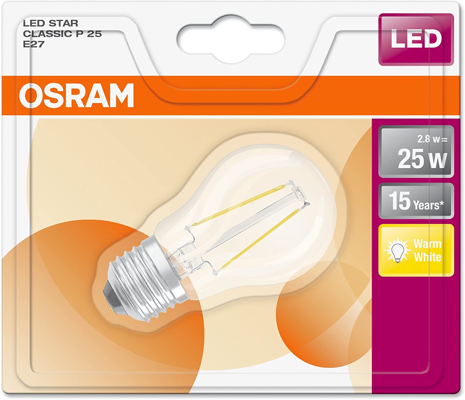 Osram Drop Shape Star Classic P LED Lamp, Glass, Warm White, E27, 2.8 W, Set of 1 - Image 3