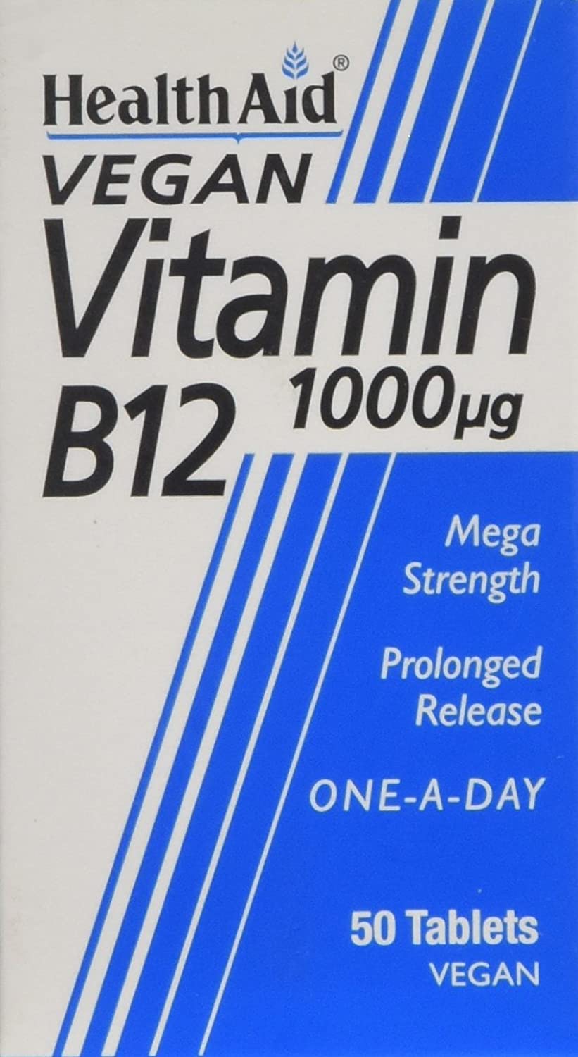 HealthAid Vitamin B12 (Cyanocobalamin) 1000ug - Prolong Release - 50 Tablets, White, 50 count (Pack of 1)