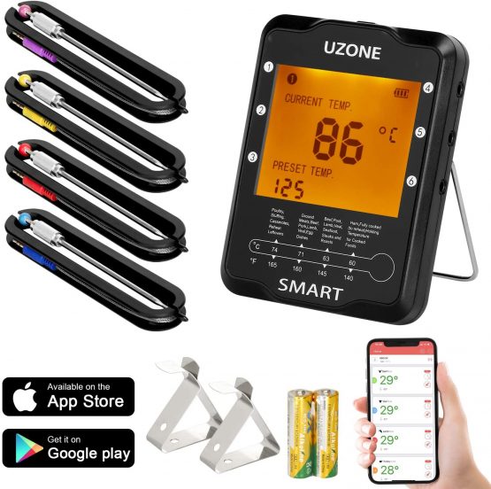 Uzone Wireless Meat Thermometer, Digital BBQ Thermometer Smart Cooking Thermometer Food Thermometerwith 4 Probes for Smoker Grilling Barbecue Oven Kitchen, Support iOS & Android