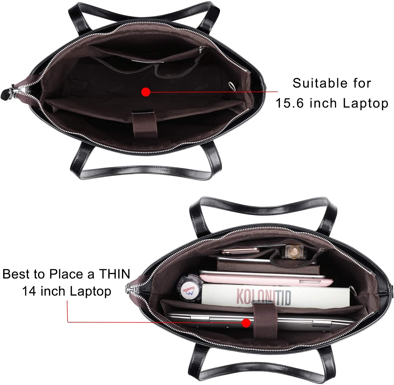 S-ZONE 15.6" Leather Laptop Bag for Women Shoulder Bag Large Work Tote with Padded Compartment, Black - Image 3