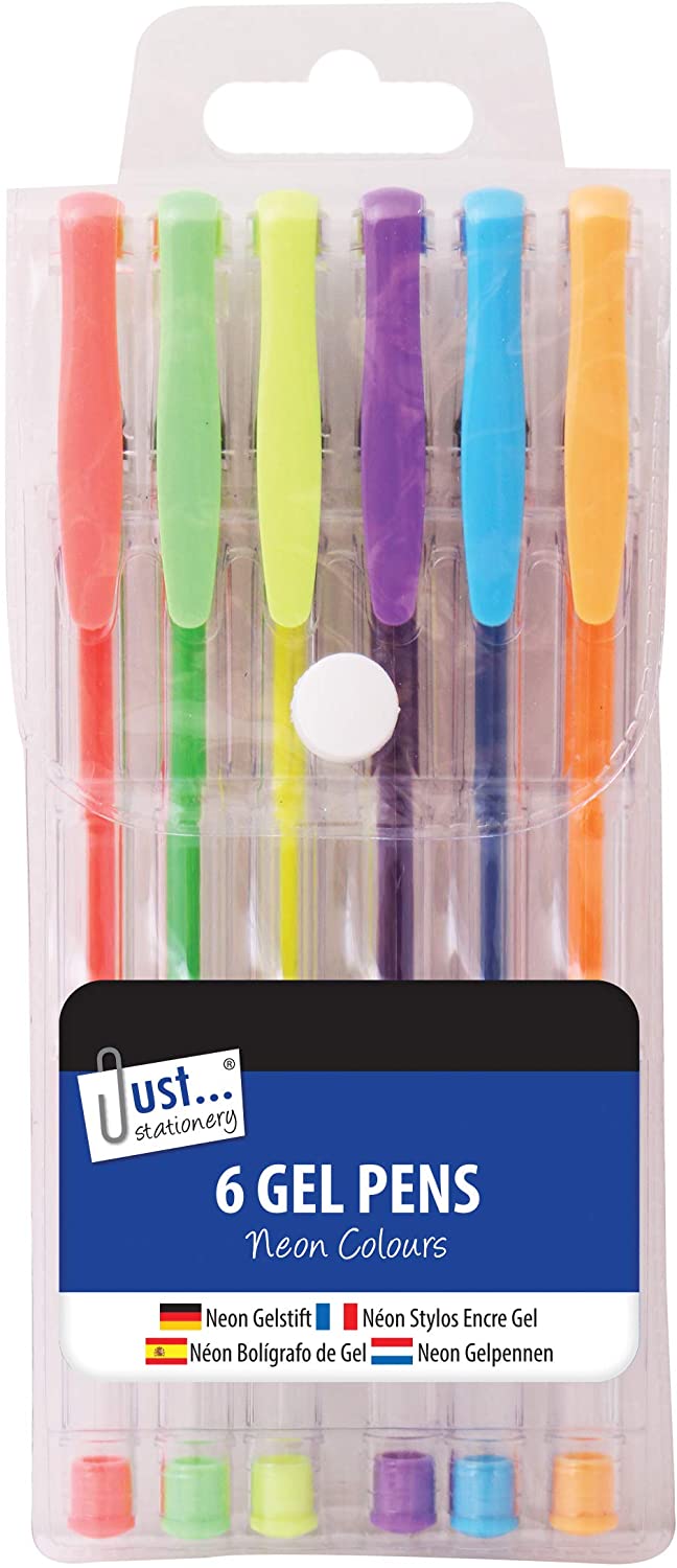 Just Stationery Neon Gel Ink Pens - Assorted Colours (Pack of 6), Neon Colours, 6 count (Pack of 1)