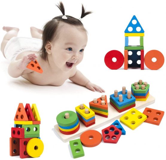 Afunti Wooden Shape Sorter Puzzle Toy Stacking Blocks Stacker Toy Geometric Sorting Board Educational Toys for Kids Toddler 1 2 3 4 5 Years Old Boys Girls - Image 2