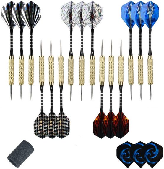 moonlux 15 Packs Steel Darts, Steel Tip Darts Set with Extra 18 Diffferent Style Flights, Aluminum Shafts, Brass Barrel, Dart Sharpener and Storage Box