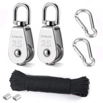 TooTaci Crane Pulley Block M25 Lifting Crane Swivel Hook single Hanging Wire Towing Wheel 304 Stainless Steel - 20 meter Nylon Pulley Line rope & Carabiner Snap Hook Clips - Loading 150 kg/300LB