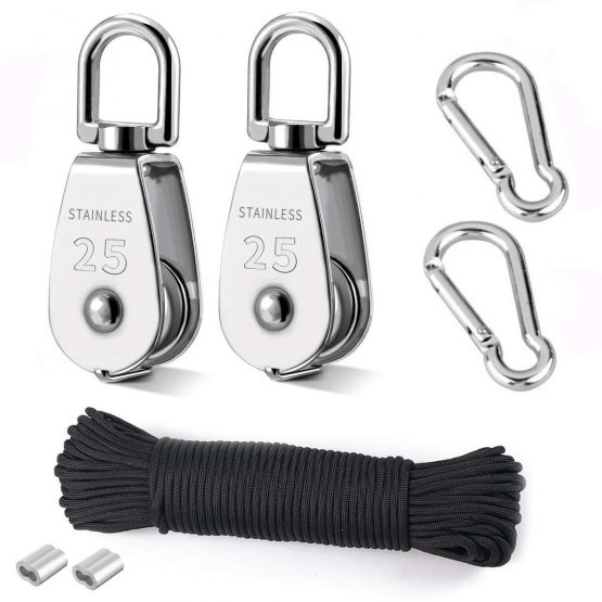 TooTaci Crane Pulley Block M25 Lifting Crane Swivel Hook single Hanging Wire Towing Wheel 304 Stainless Steel - 20 meter Nylon Pulley Line rope & Carabiner Snap Hook Clips - Loading 150 kg/300LB