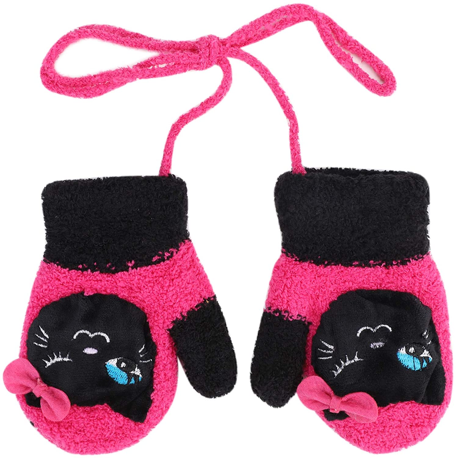 Squeaky Baby Cartoon Gloves Toddler Cute Winter Warm Full Finger Mittens Hanging Neck Velvet Lined Knitted Mitts for Infants Kids Boys Girls 1-3 Years Old Birthday Gifts