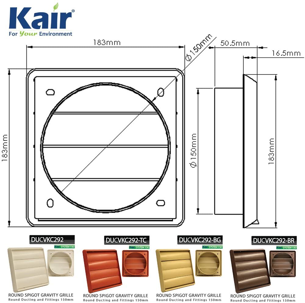 Kair Brown 150mm Louvred Wall Vent Grille - 150mm / 6 Inch Round Rear Spigot & 183mm Front Cover - Backdraught Prevention Shutter Flaps - Image 3