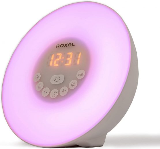 Roxel Alarm Clock Wake Up Light Sunrise/Sunset Simulation Table Bedside Lamp with FM Radio, Colour Changing Mood Light, Nature Sounds and Touch Control Function (White) - Image 3