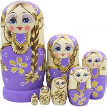 Set 7 Pcs Long Braids Girl Purple Matryoshka Dolls Babushka Doll Traditional Russian Nesting Dolls Wooden Stacking Toy Kids Gift