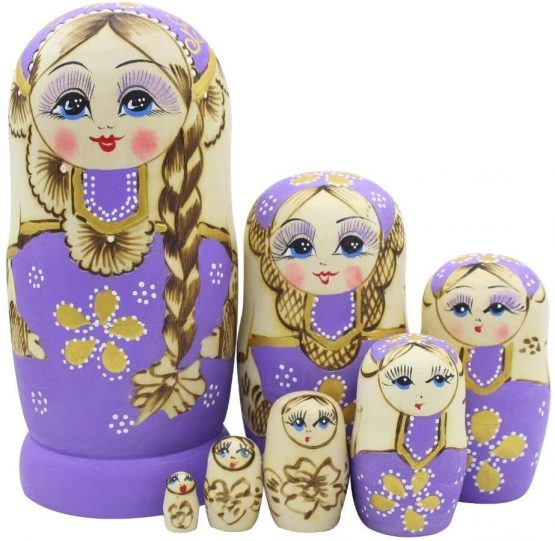 Set 7 Pcs Long Braids Girl Purple Matryoshka Dolls Babushka Doll Traditional Russian Nesting Dolls Wooden Stacking Toy Kids Gift