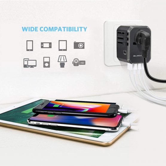 iBlockCube® Universal Travel AC Power Plug Adapter with International Socket & 4 USB 5.6A + 1 Type-C 3.0A Smart Ports Work for US EU AU UK up to 150+ Countries Worldwide Type A G I (silver) - Image 4