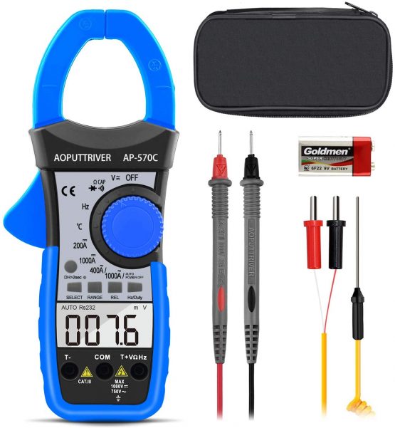 Digital Clamp Meter Multimeter AP-570C 4000 Counts Auto Range Clamp Meter Ammeter AC/DC Voltage Current Resistance Capacitance Frequency Temp Duty Cycle Diode Test with LCD Backlit Auto Off Data Hold