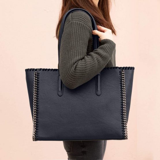 CRAZYCHIC - Women's Large Tote Shopper Bag - Ladies Chains Shoulder Bag - Long Handles Top-Handle Handbag - PU Faux Leather A4 Large Capacity - Fashion School Work Designer Shopping Bag - Dark Blue - Image 2