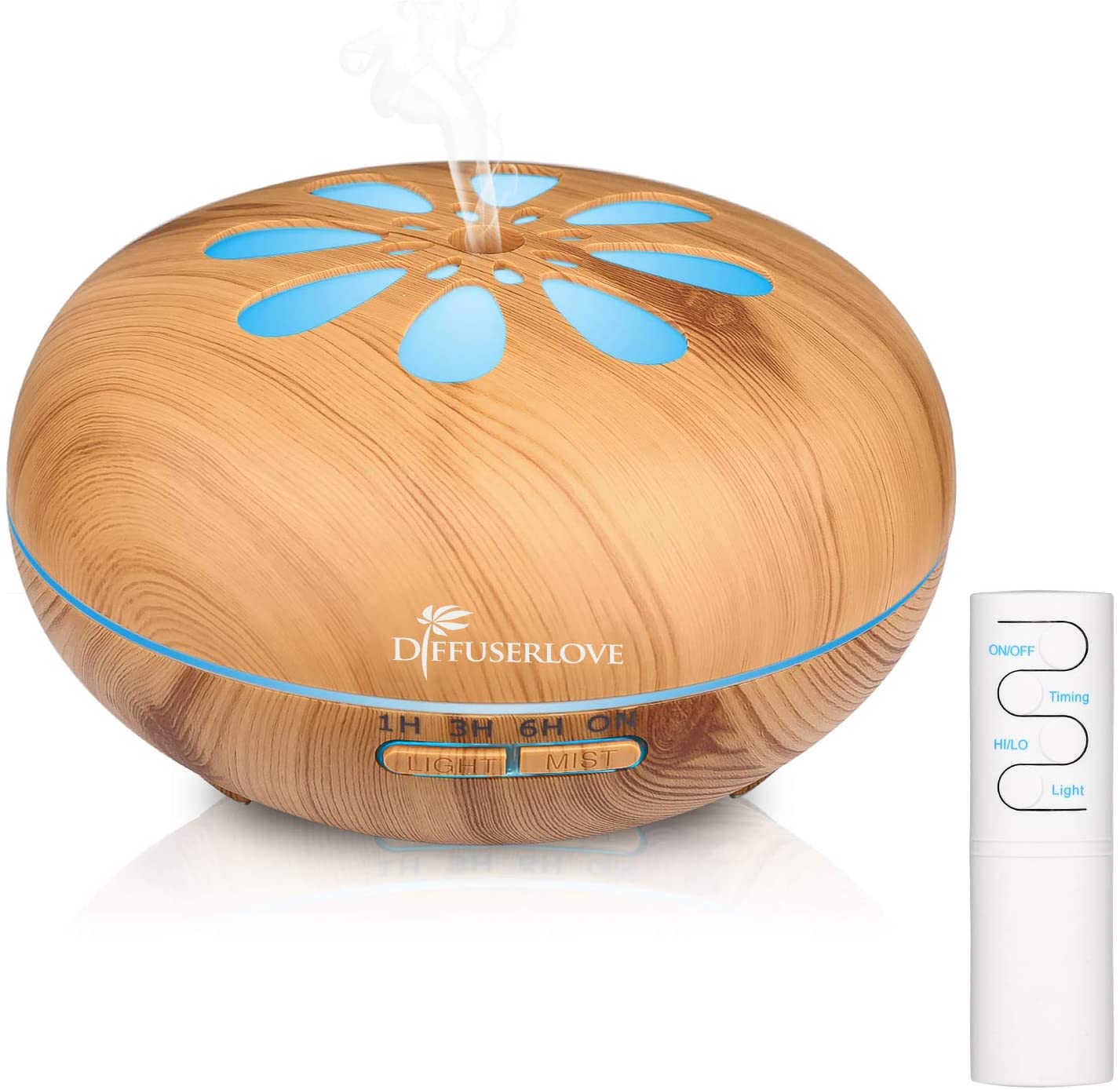 Diffuserlove 550ML Essential Oil Diffuser Humidifiers Wood Grain Cool Mist Humidifiers Ultrasonic Remote Control Aroma Diffusers for Home Bedroom Yoga Office Spa