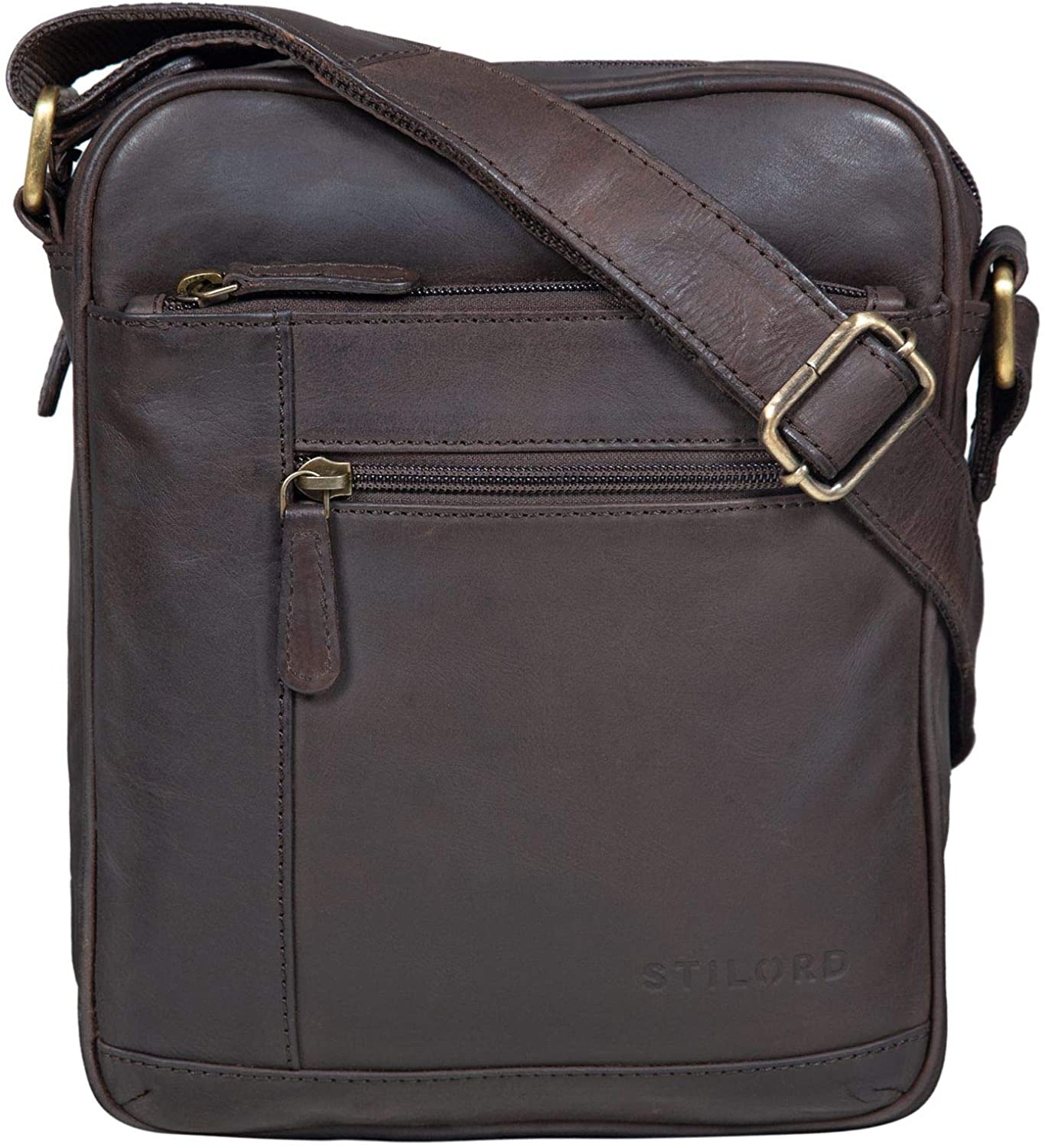 STILORD "Diego Vintage Mens Bag Leather Small Men's Messenger Bag Leather small Vintage Shoulder Bag Cross Body Cross Over for 9.7 Inch iPad Handbag in genuine Leather Colour:flat dark brown