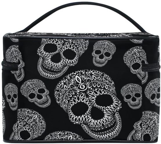 Makeup Bag, Skull Print Cosmetic Toiletry Storage Organiser Case Large Travel Handle Personalised Pouch with Compartments for Teenage Girls Women Lady Black - Image 4