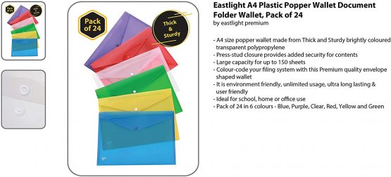 Eastlight A4/Foolscap Plastic Popper Wallet,Transparent Assorted Colours Pack of 24 - Image 3