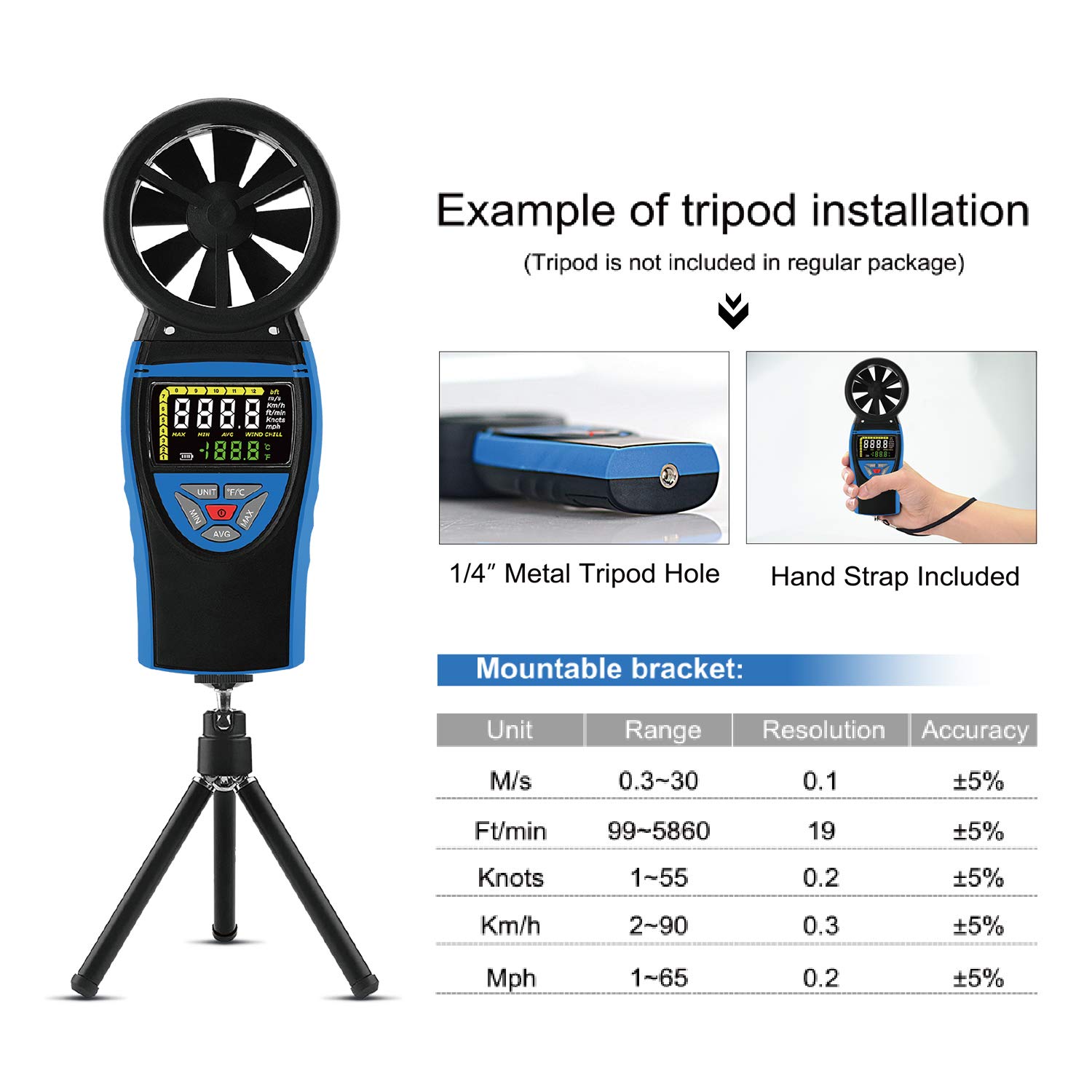 Digital Anemometer Handheld Color Screen Wind Speed Meter,AP-8805 Wind ...
