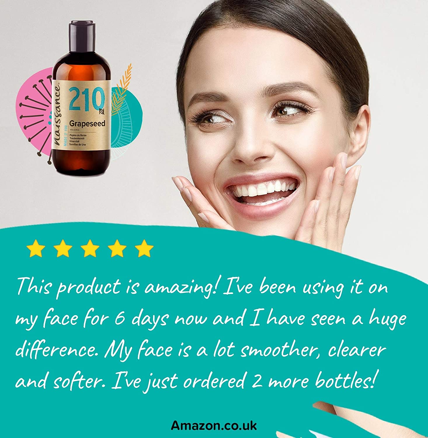 Naissance Grapeseed Oil (No. 210) - 225ml - Natural Moisturiser and Conditioner - for Hair Skin, Massage, Face, Beard and Aromatherapy - Image 4