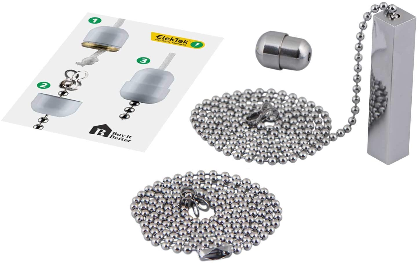ElekTek UK Safety Approved Chrome Bathroom Light Pull Switch Kit, Chrome Square Bar Fob Handle & Extension Chain - Image 3