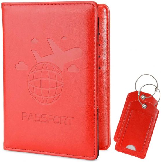 COCASES Passport Holder, RFID Blocking PU Leather UK and European Passport Cover Case with 2 Luggage Tags (Red)